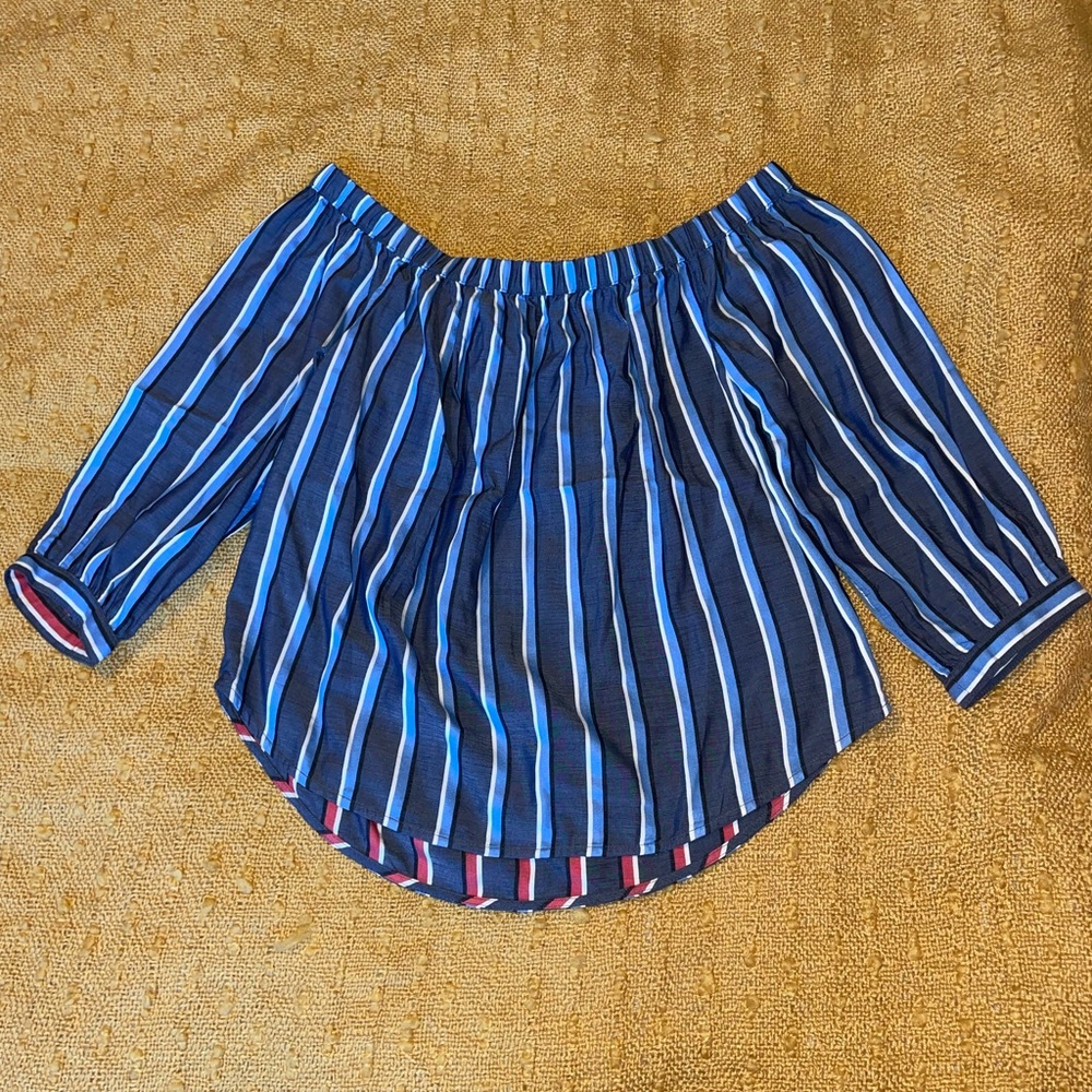 Blue and Grey Express Off the Shoulder Blouse